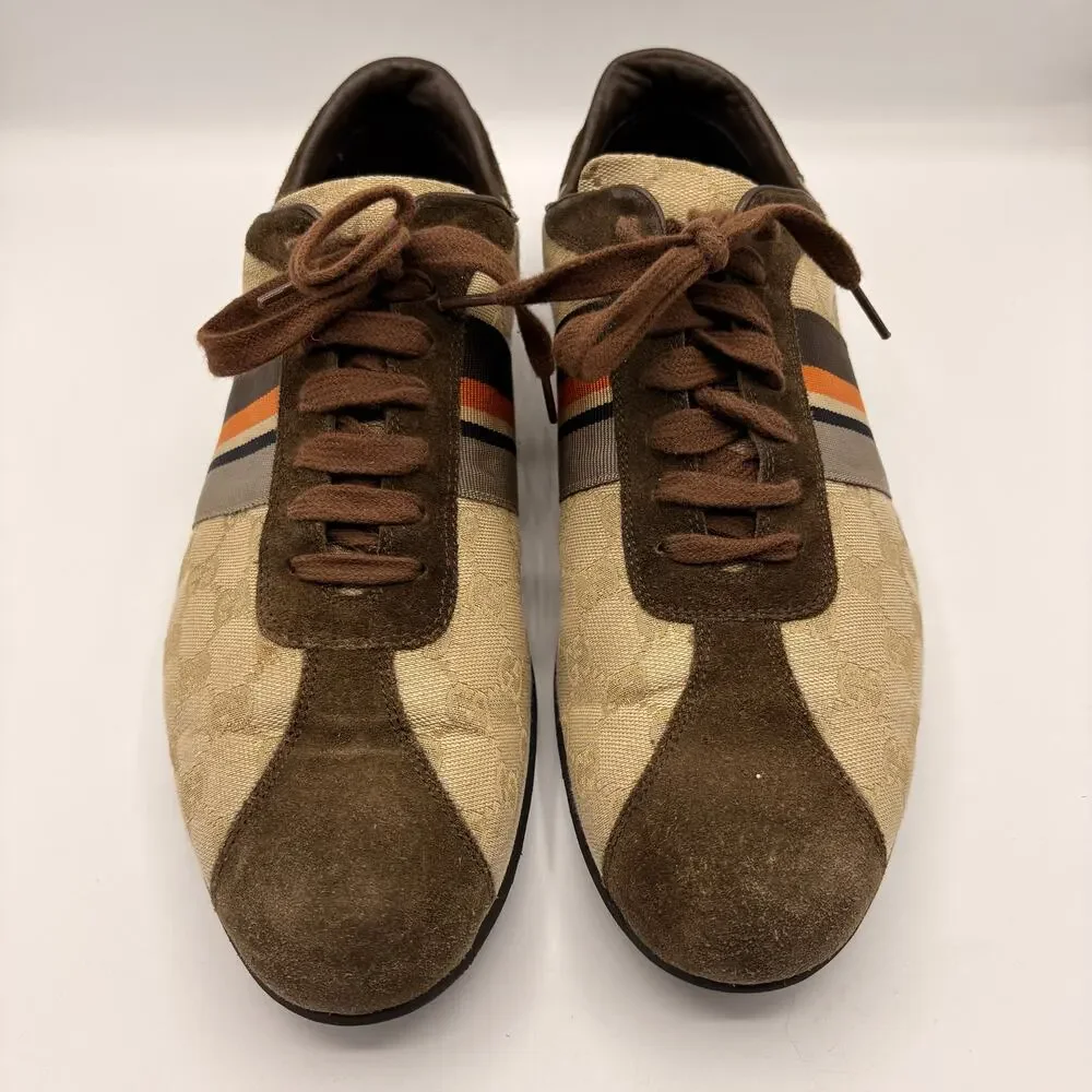 GUCCI GG Monogram Canvas Brown Suede Orange Web Lace Sneakers Sz 9G 9.5 US $995